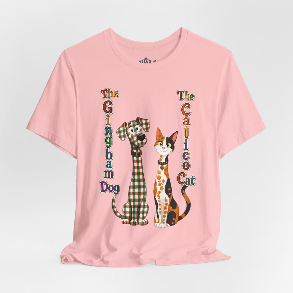 Gingham Dog & Calico Cat Tee — Plaid Pet Illustration T-Shirt