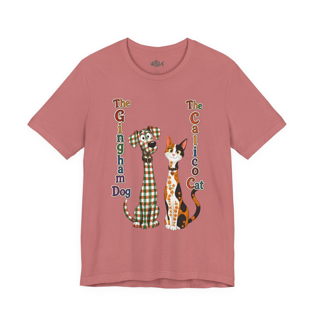 Gingham Dog & Calico Cat Tee — Plaid Pet Illustration T-Shirt