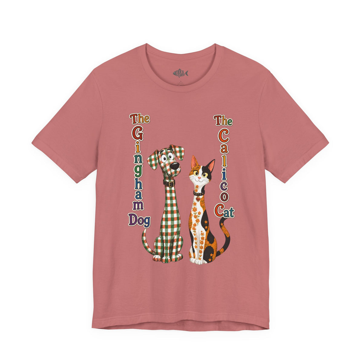 Gingham Dog & Calico Cat Tee — Plaid Pet Illustration T-Shirt