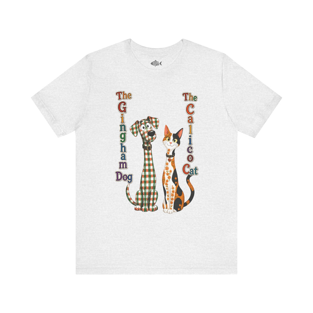 Gingham Dog & Calico Cat Tee — Plaid Pet Illustration T-Shirt