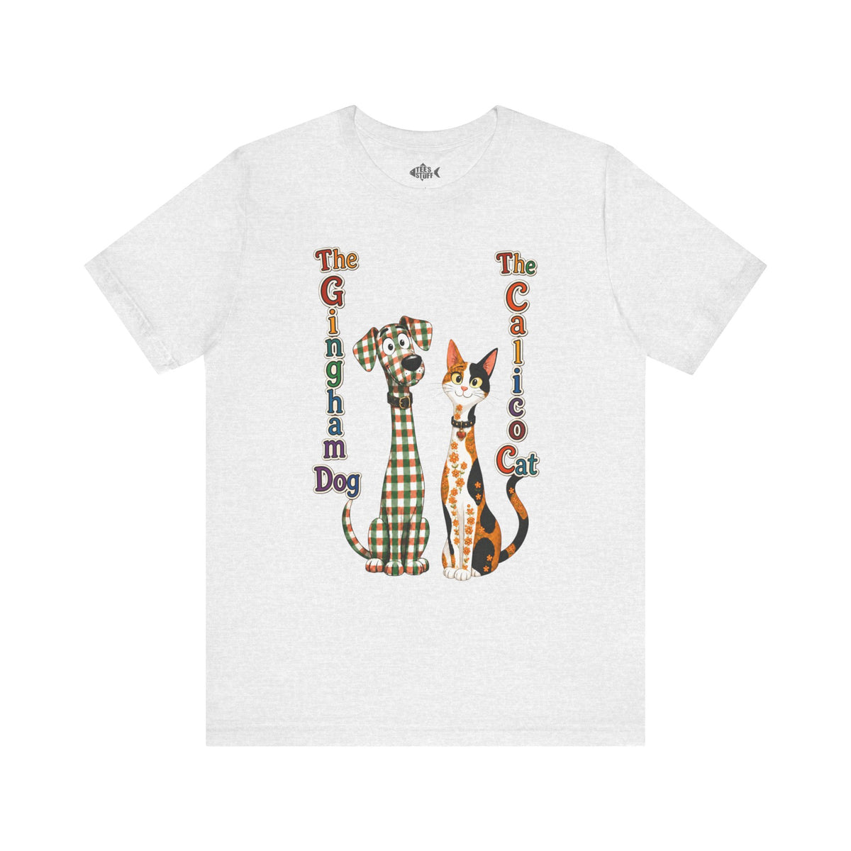 Gingham Dog & Calico Cat Tee — Plaid Pet Illustration T-Shirt
