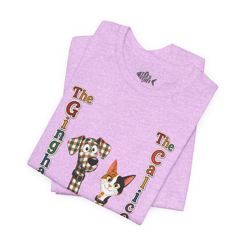 Gingham Dog & Calico Cat Tee — Plaid Pet Illustration T-Shirt