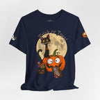 Navy Blue / Back, Front, sleeve design, Halloween T-shirt with a black cat orange pumpkin, full moon trick or treat candy bucket with candy and "Trick or Treat" text.