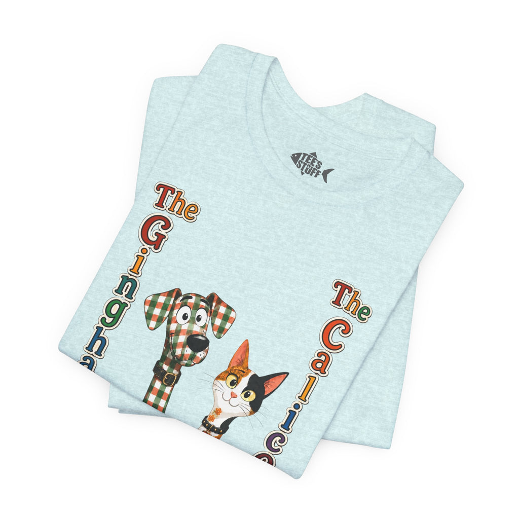 Gingham Dog & Calico Cat Tee — Plaid Pet Illustration T-Shirt