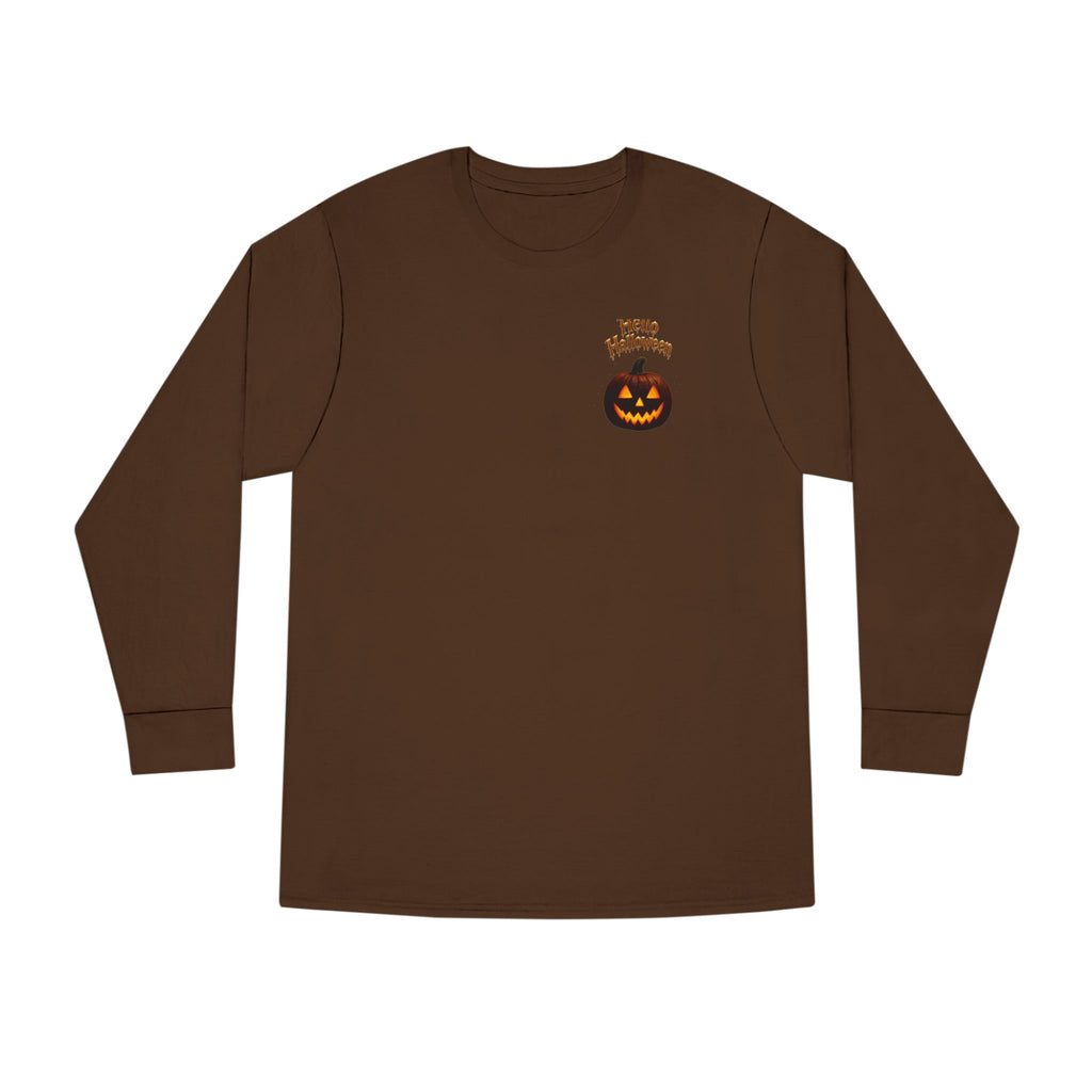 Halloween Cat Long Sleeve Tee — 'Hello Halloween' Jack-O'-Lantern Graphic