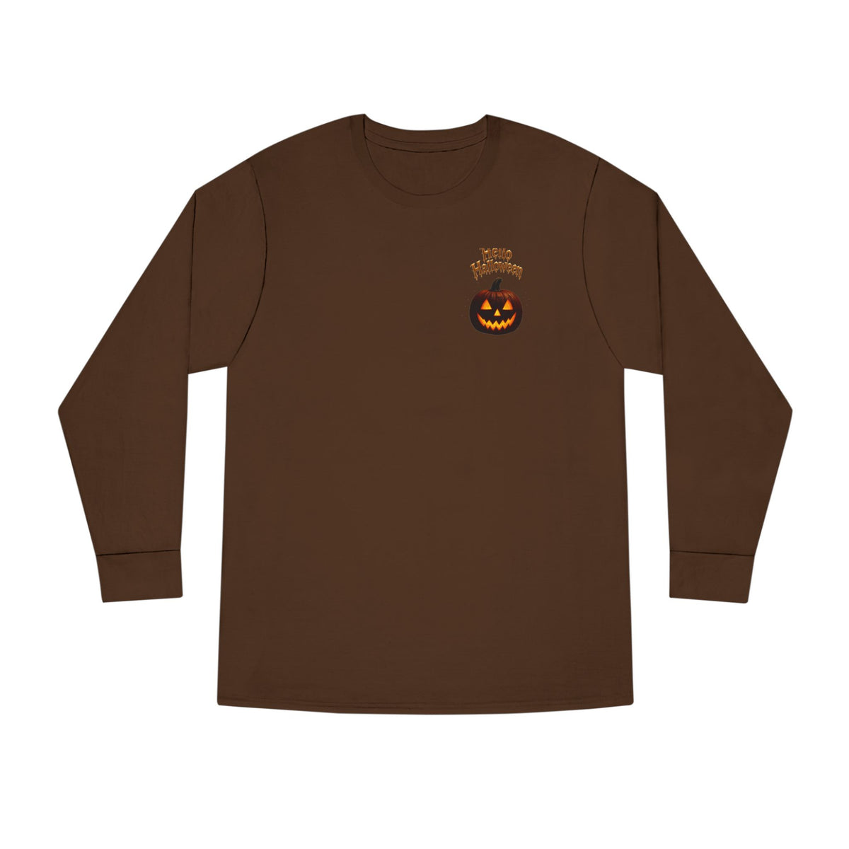 Halloween Cat Long Sleeve Tee — 'Hello Halloween' Jack-O'-Lantern Graphic