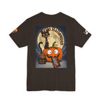 Dark brown/ / Back, Front, sleeve design, Halloween T-shirt with a black cat orange pumpkin, full moon trick or treat candy bucket with candy and "Trick or Treat" text.