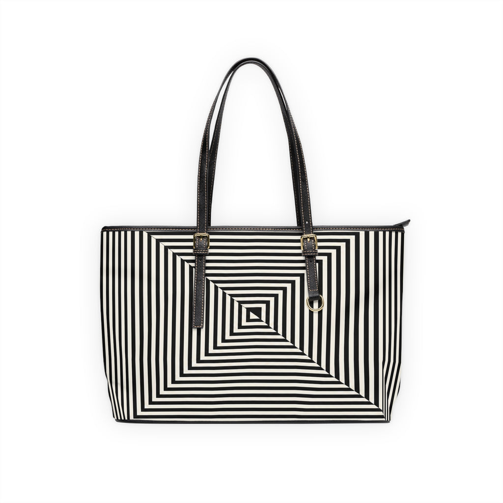 Geometric Spiral Tote Bag — Black & White Optical PU Shoulder Bag