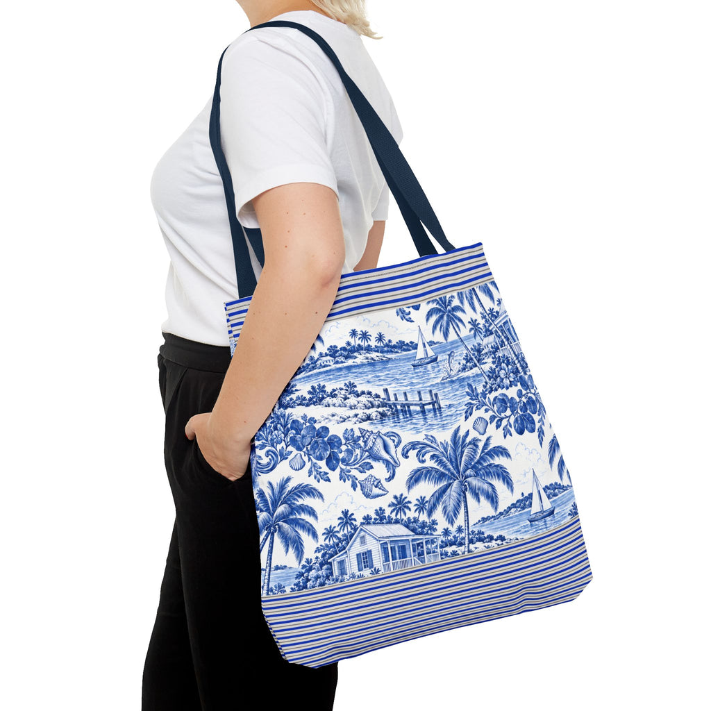Nassau Blue Coastal Toile Tote Bag — Nautical Bahama / Palm Beach Scene All-Over Print