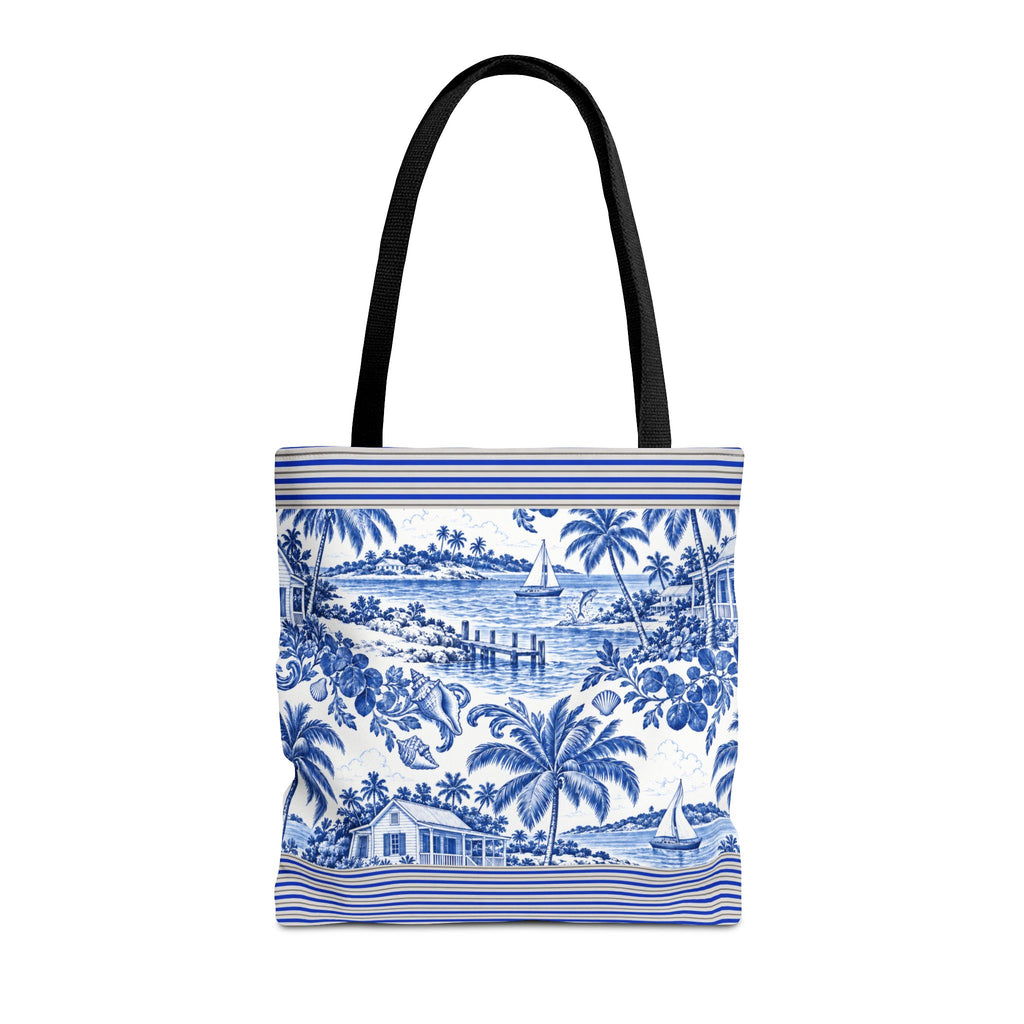 Nassau Blue Coastal Toile Tote Bag — Nautical Bahama / Palm Beach Scene All-Over Print