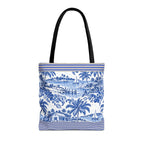 Nassau Blue Coastal Toile Tote Bag — Nautical Bahama / Palm Beach Scene All-Over Print
