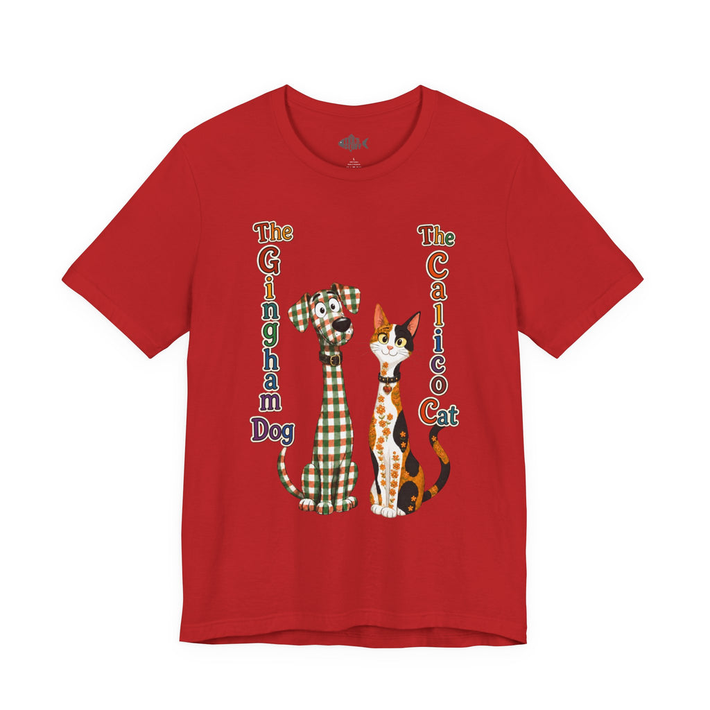 Gingham Dog & Calico Cat Tee — Plaid Pet Illustration T-Shirt