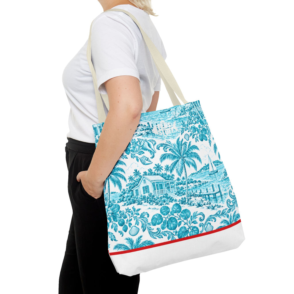Turquoise coastal Toile Tote Bag- Palm Trees & Island Houses.