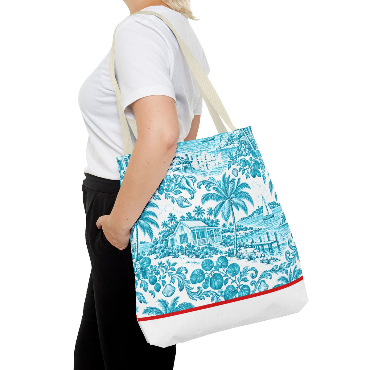Turquoise coastal Toile Tote Bag- Palm Trees & Island Houses.