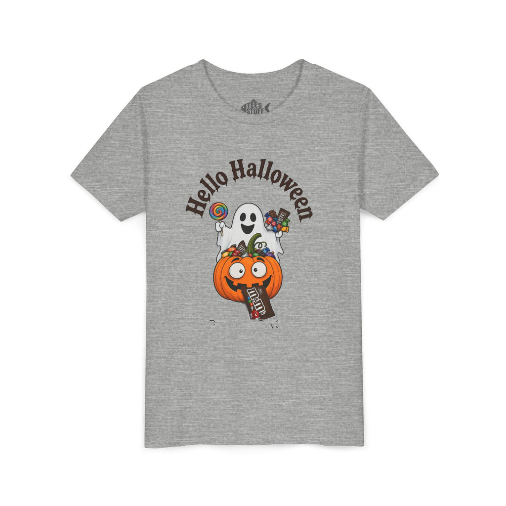 Youth Halloween Tee - "Hello Halloween" Ghost & Pumpkin Trick-or-Treat Shirt