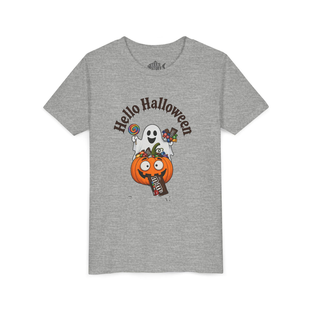 Youth Halloween Tee - "Hello Halloween" Ghost & Pumpkin Trick-or-Treat Shirt