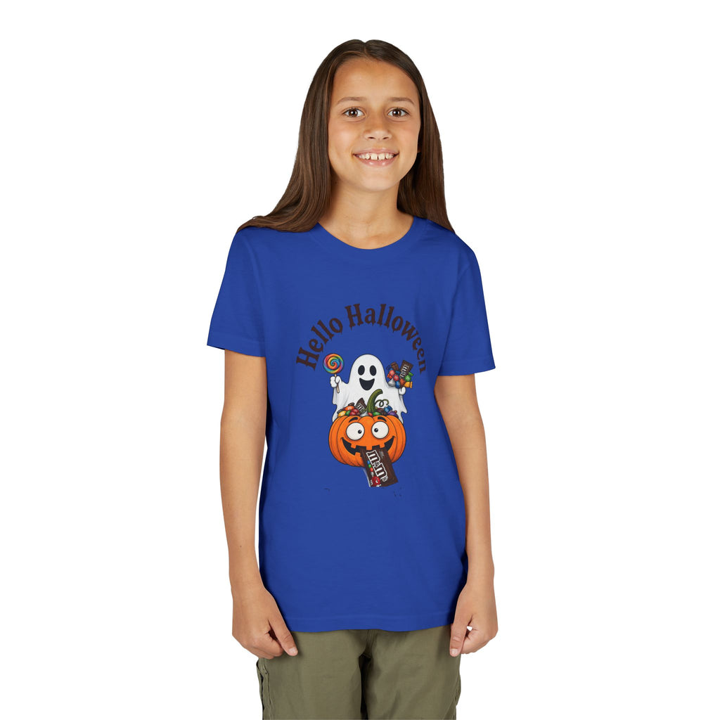 Youth Halloween Tee - "Hello Halloween" Ghost & Pumpkin Trick-or-Treat Shirt