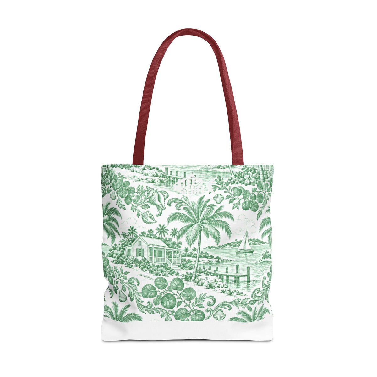 Green Coastal Toile Tote Bag- Palm Trees & Island Houses