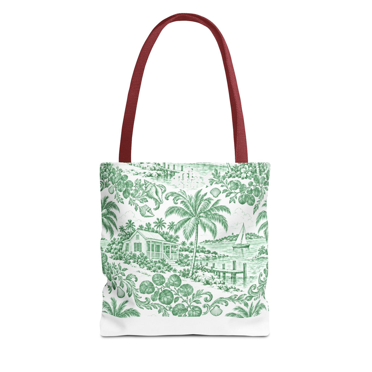 Green Coastal Toile Tote Bag- Palm Trees & Island Houses
