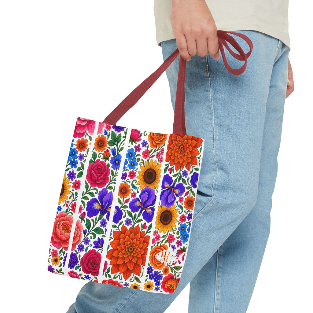 Floral Stripe Tote Bag — Bright Mexican Folk Art Flowers AOP
