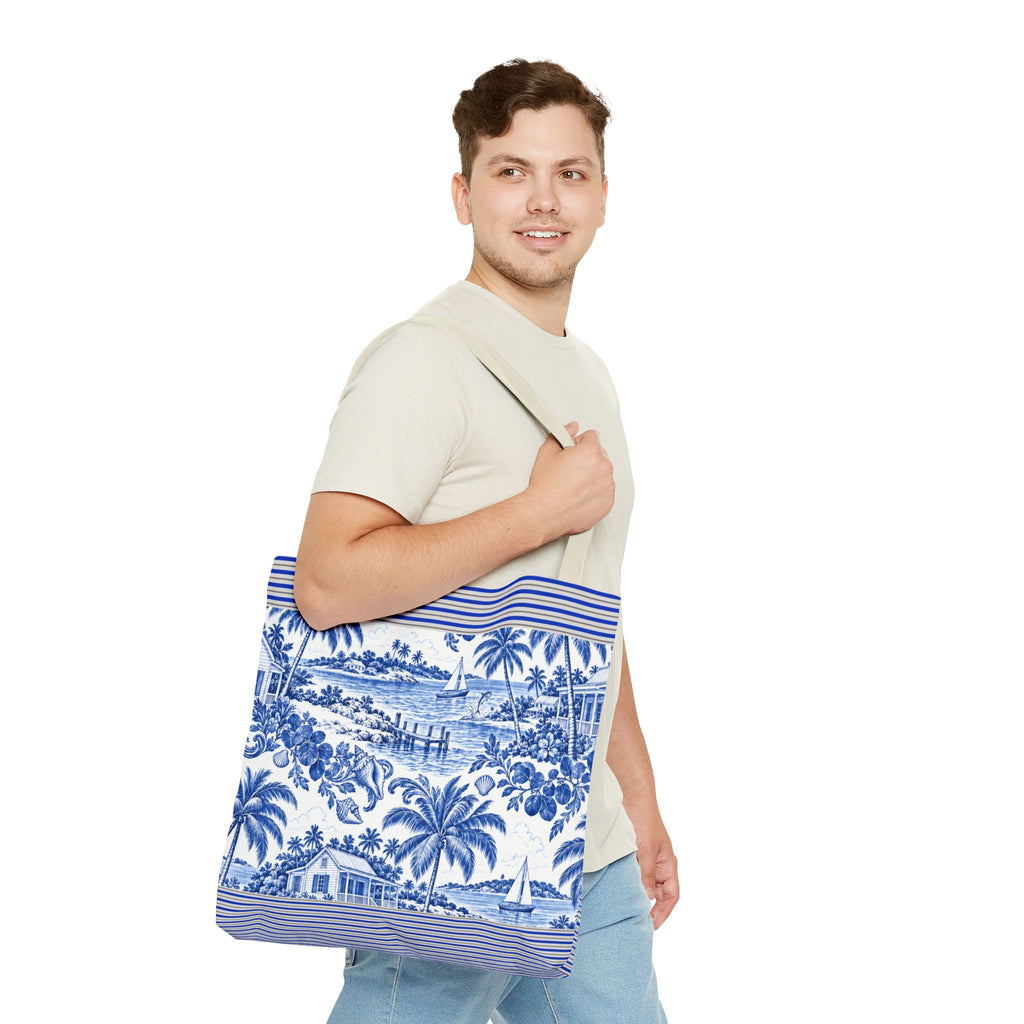 Nassau Blue Coastal Toile Tote Bag — Nautical Bahama / Palm Beach Scene All-Over Print