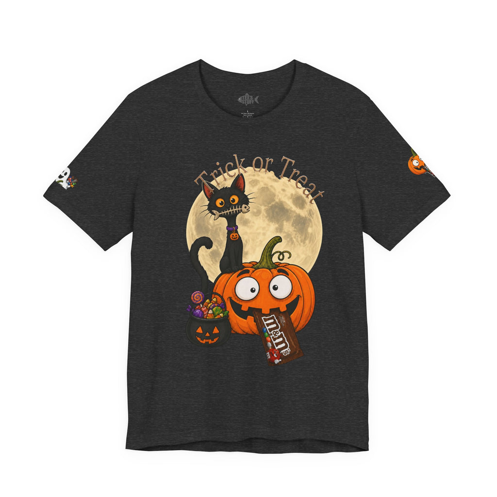 Dark brown / / Back, Front, sleeve design, Halloween T-shirt with a black cat orange pumpkin, full moon trick or treat candy bucket with candy and "Trick or Treat" text.