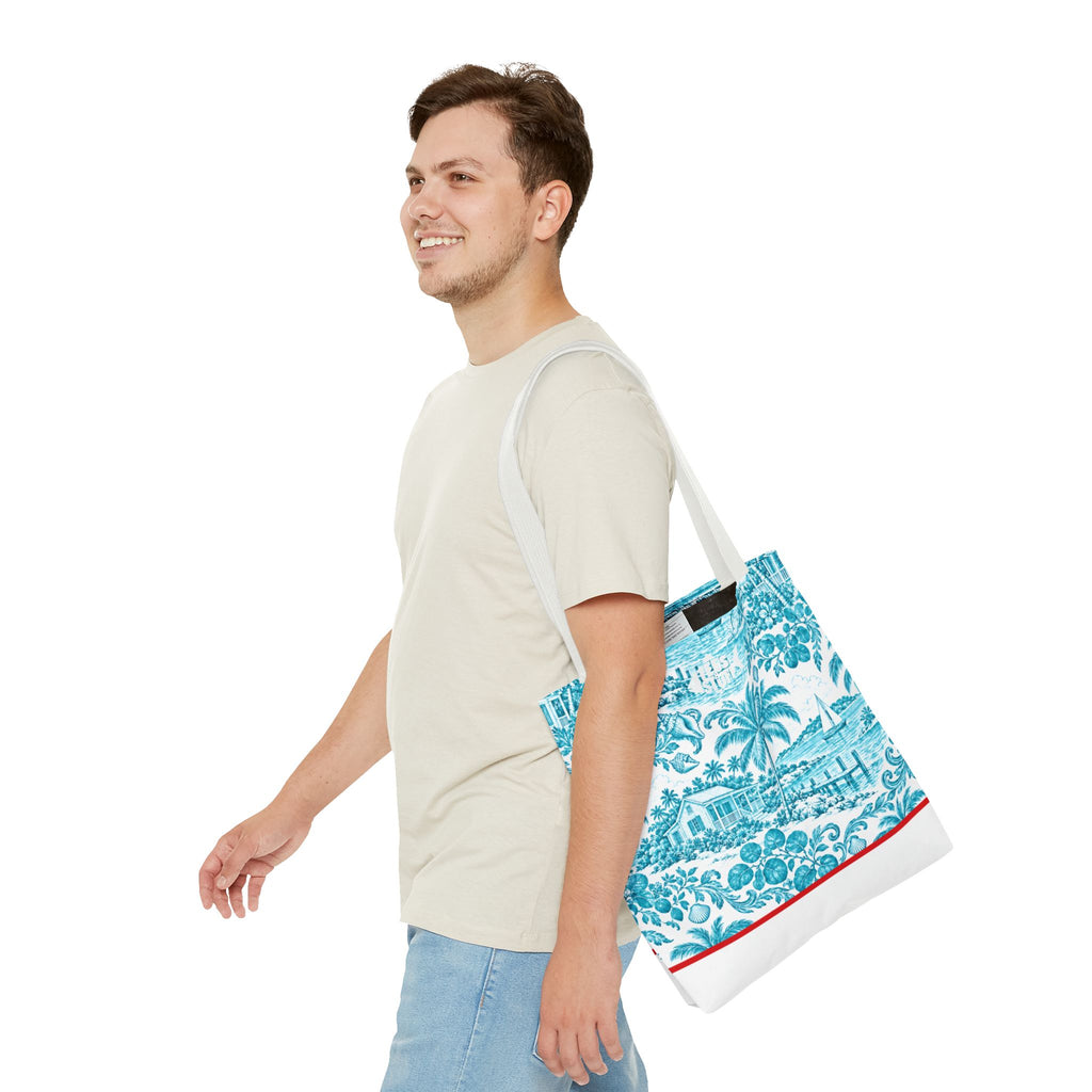 Turquoise coastal Toile Tote Bag- Palm Trees & Island Houses.