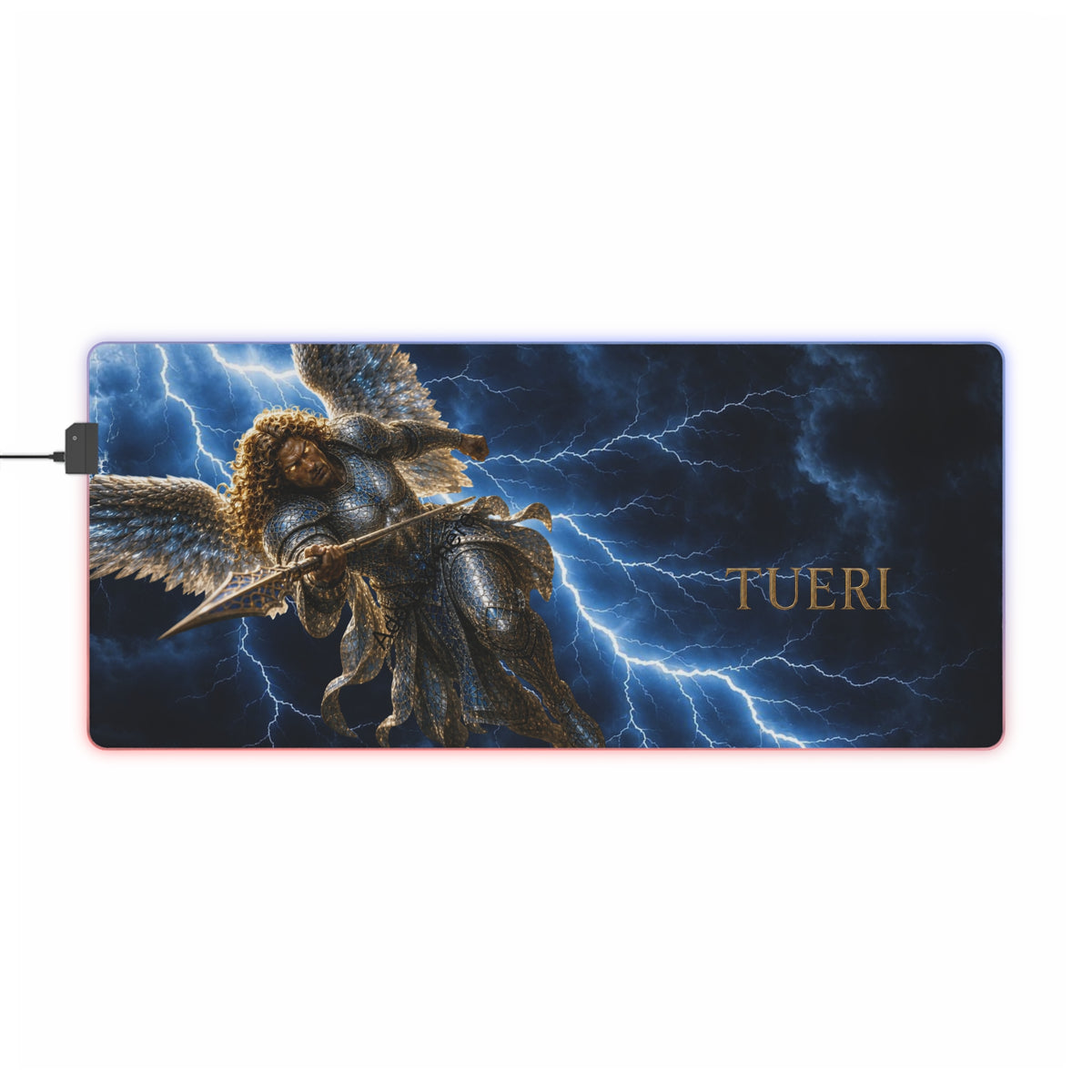 LED Gaming Mouse Pad — Storm Angel Design with TUERI Name, RGB Extended Desk Mat
