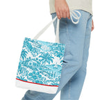 Turquoise coastal Toile Tote Bag- Palm Trees & Island Houses.