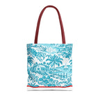 Turquoise coastal Toile Tote Bag- Palm Trees & Island Houses.
