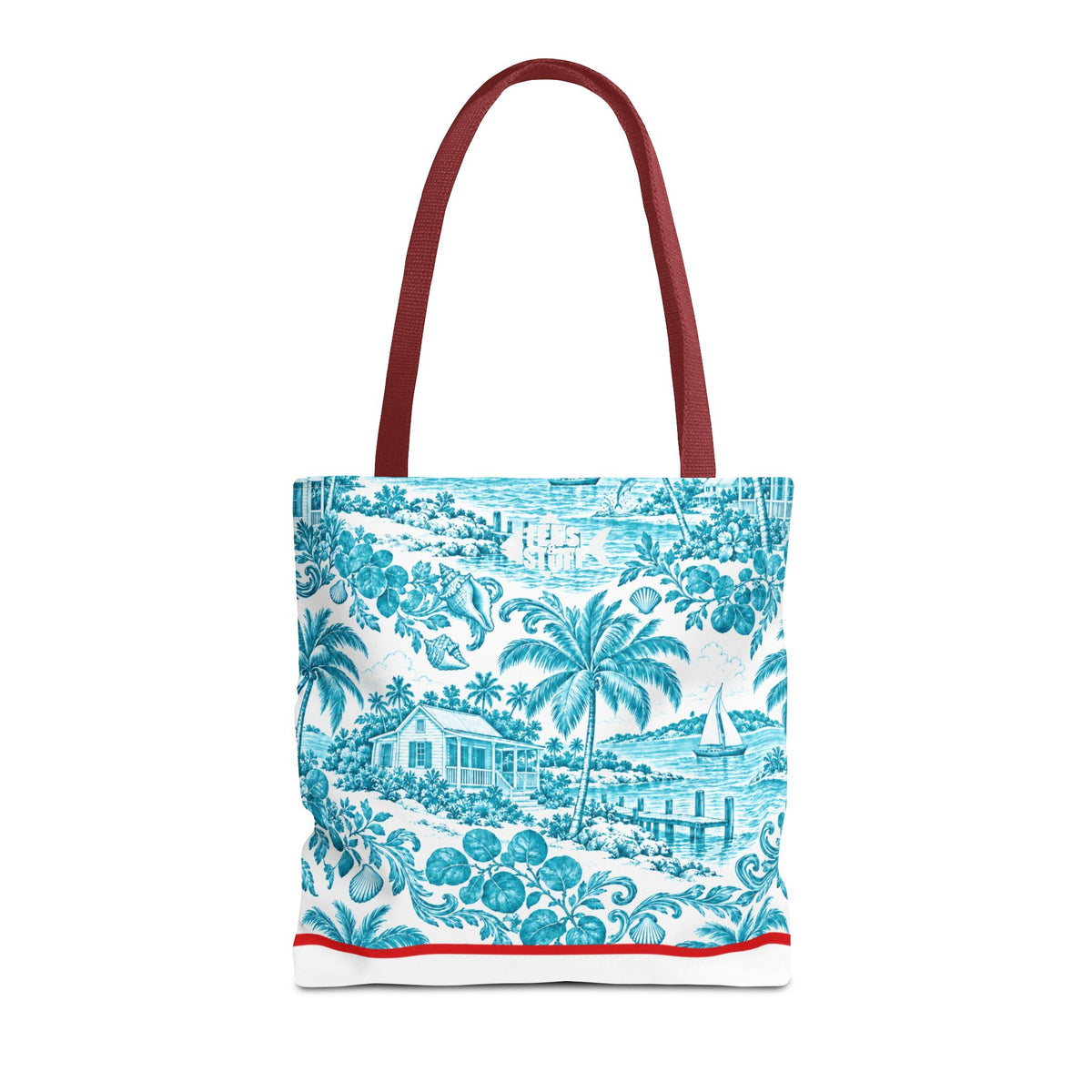 Turquoise coastal Toile Tote Bag- Palm Trees & Island Houses.