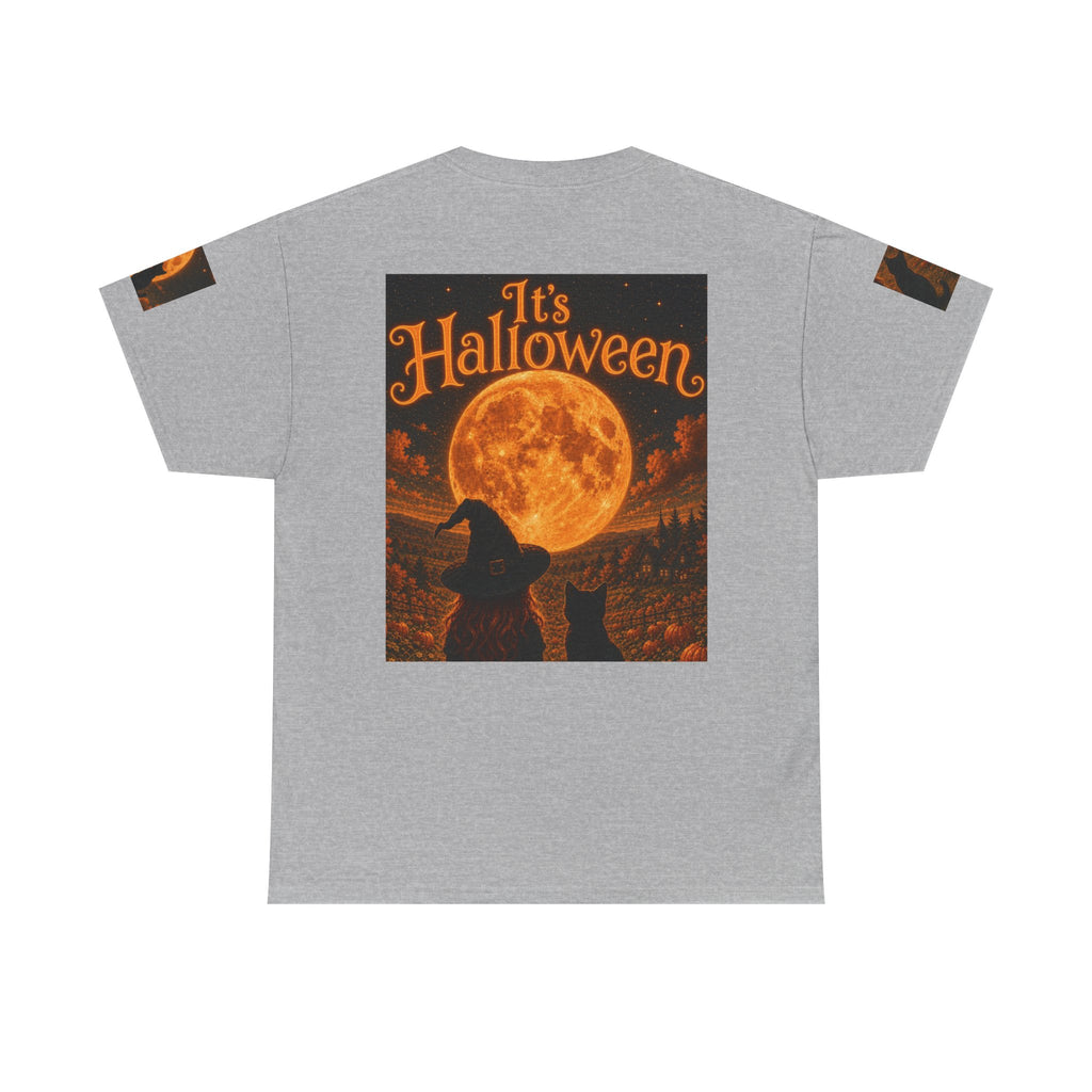 Halloween Graphic Tee — "It's Halloween" Witch & Cat Moon Design