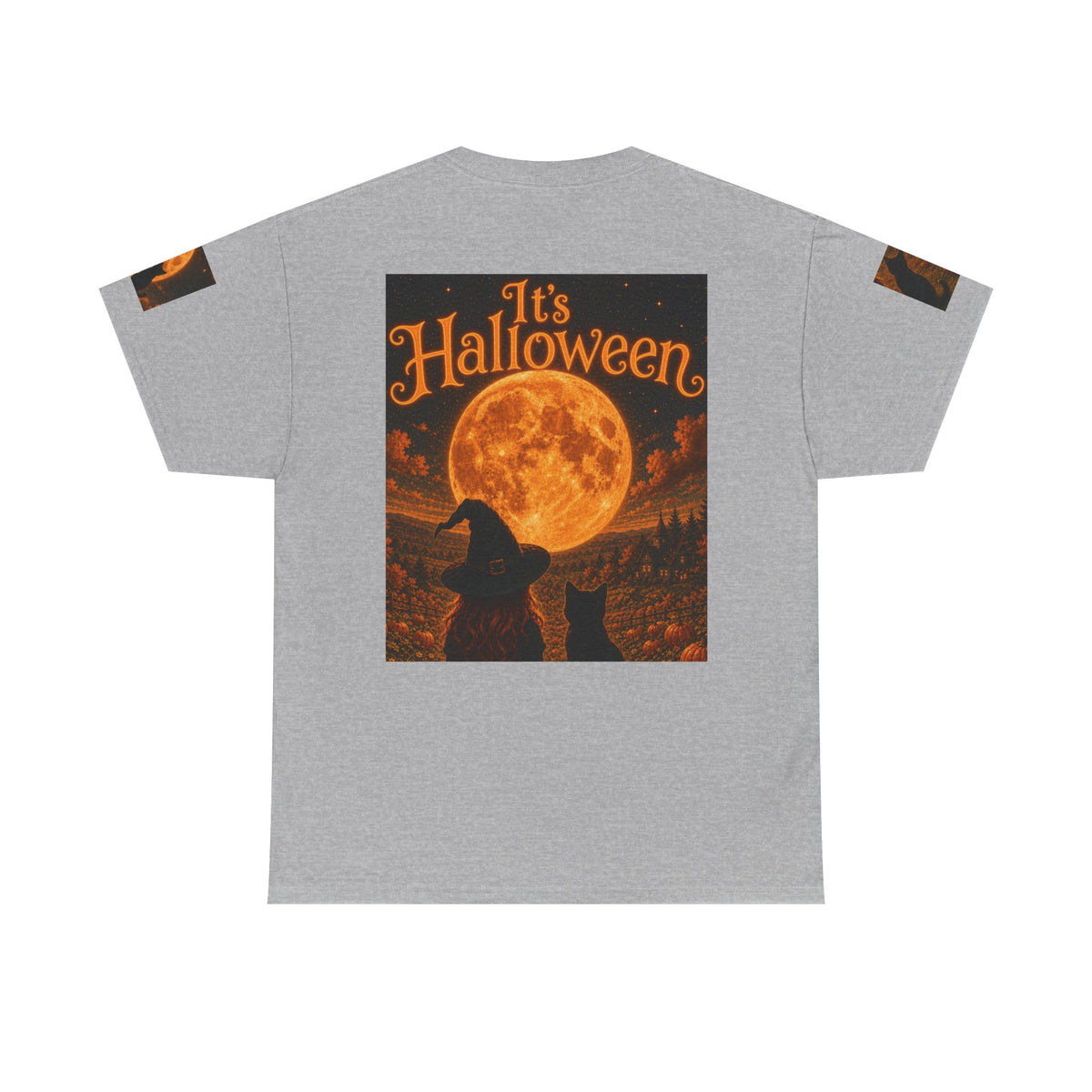 Halloween Graphic Tee — "It's Halloween" Witch & Cat Moon Design