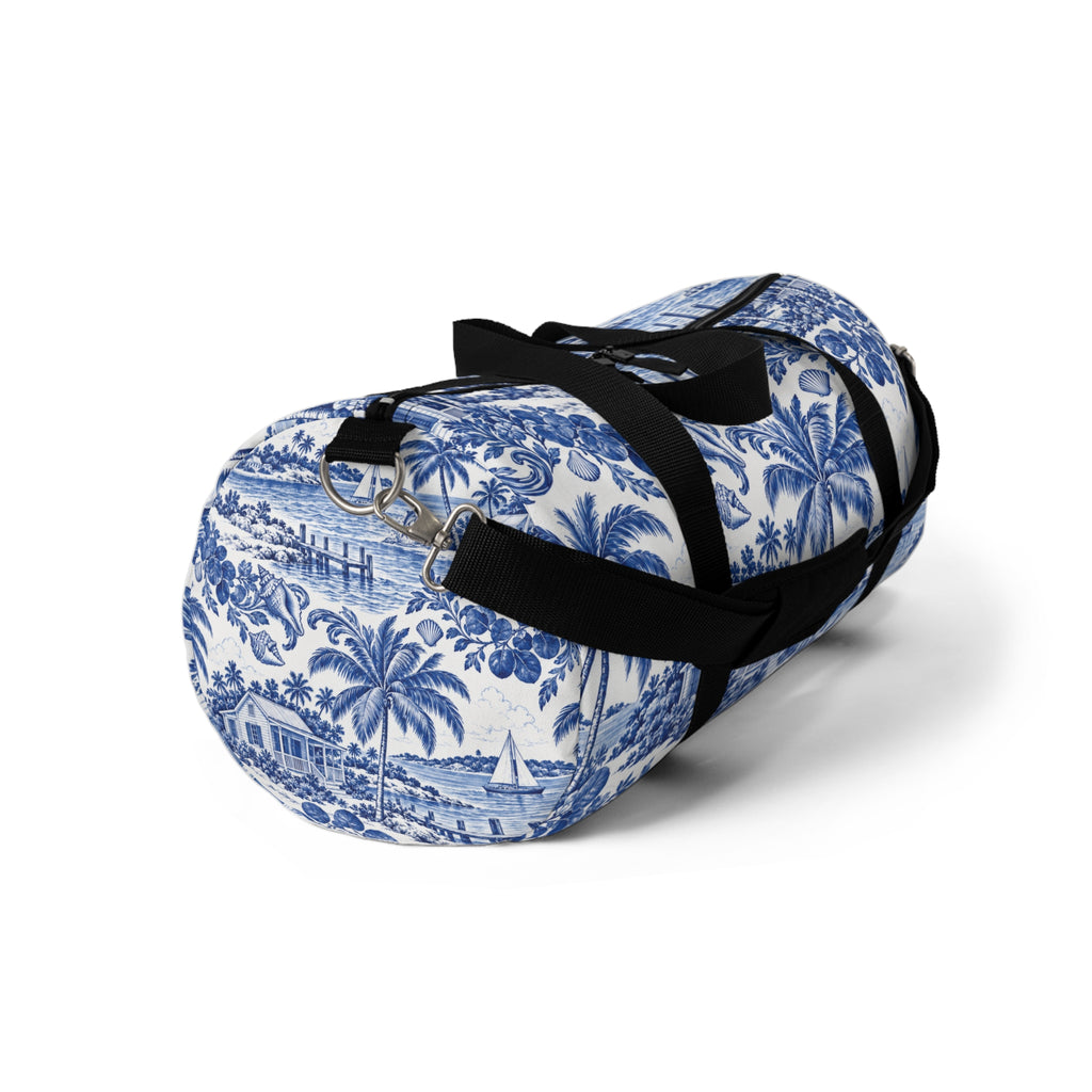Tropical Blue Toile Duffel Bag — Coastal Palm & Sailboat Weekend Bag