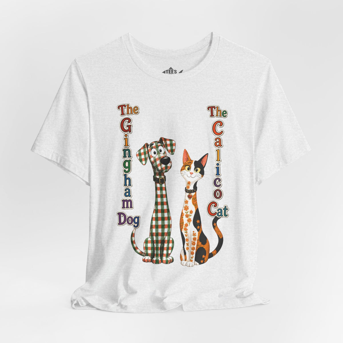 Gingham Dog & Calico Cat Tee — Plaid Pet Illustration T-Shirt