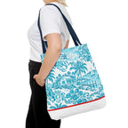 Turquoise coastal Toile Tote Bag- Palm Trees & Island Houses.