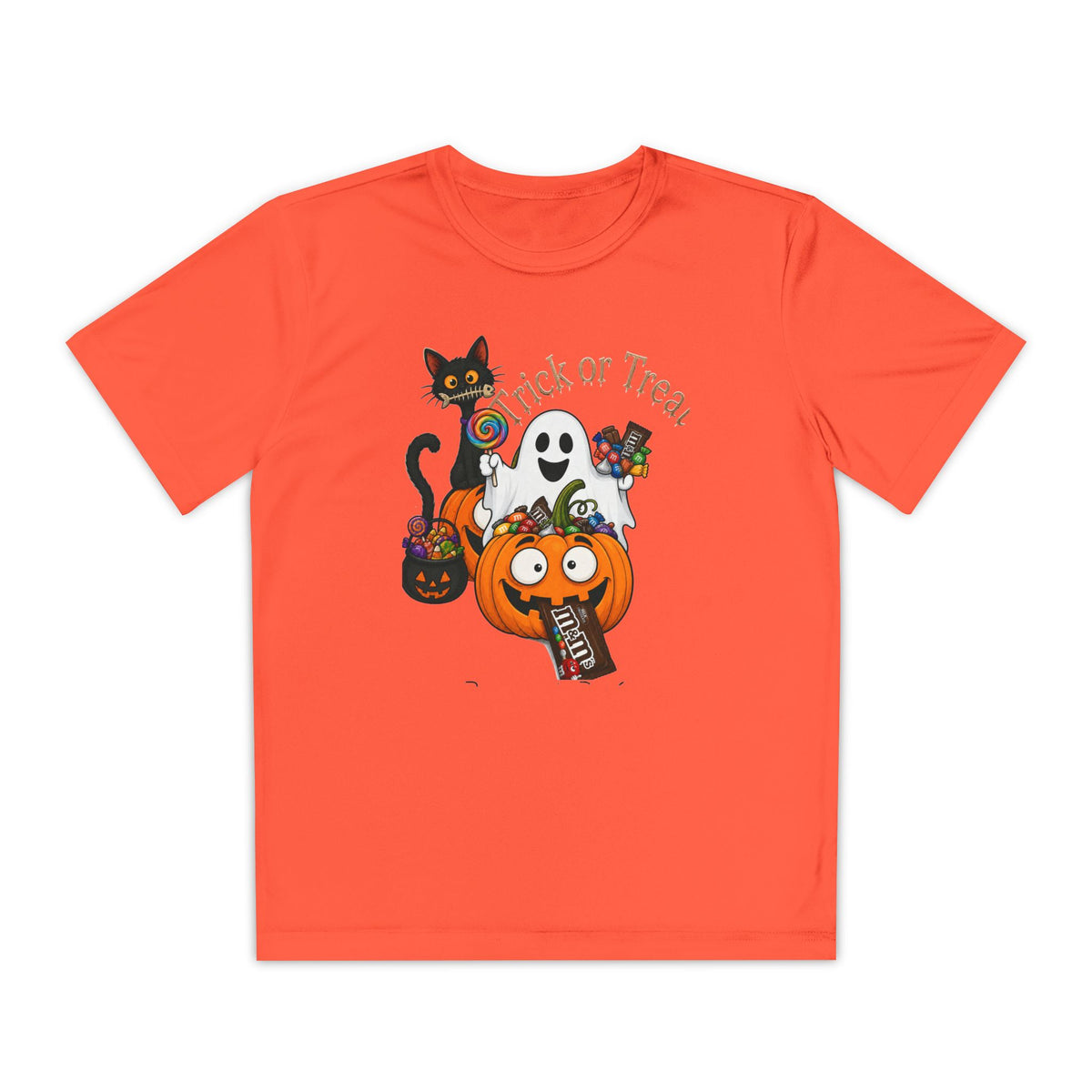 Kids Halloween Trick or Treat T-Shirt — Cute Pumpkin, Ghost & Black Cat Design