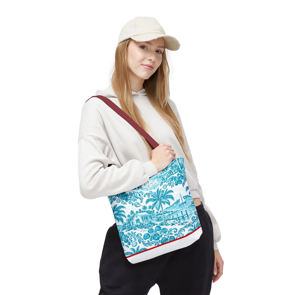 Turquoise coastal Toile Tote Bag- Palm Trees & Island Houses.