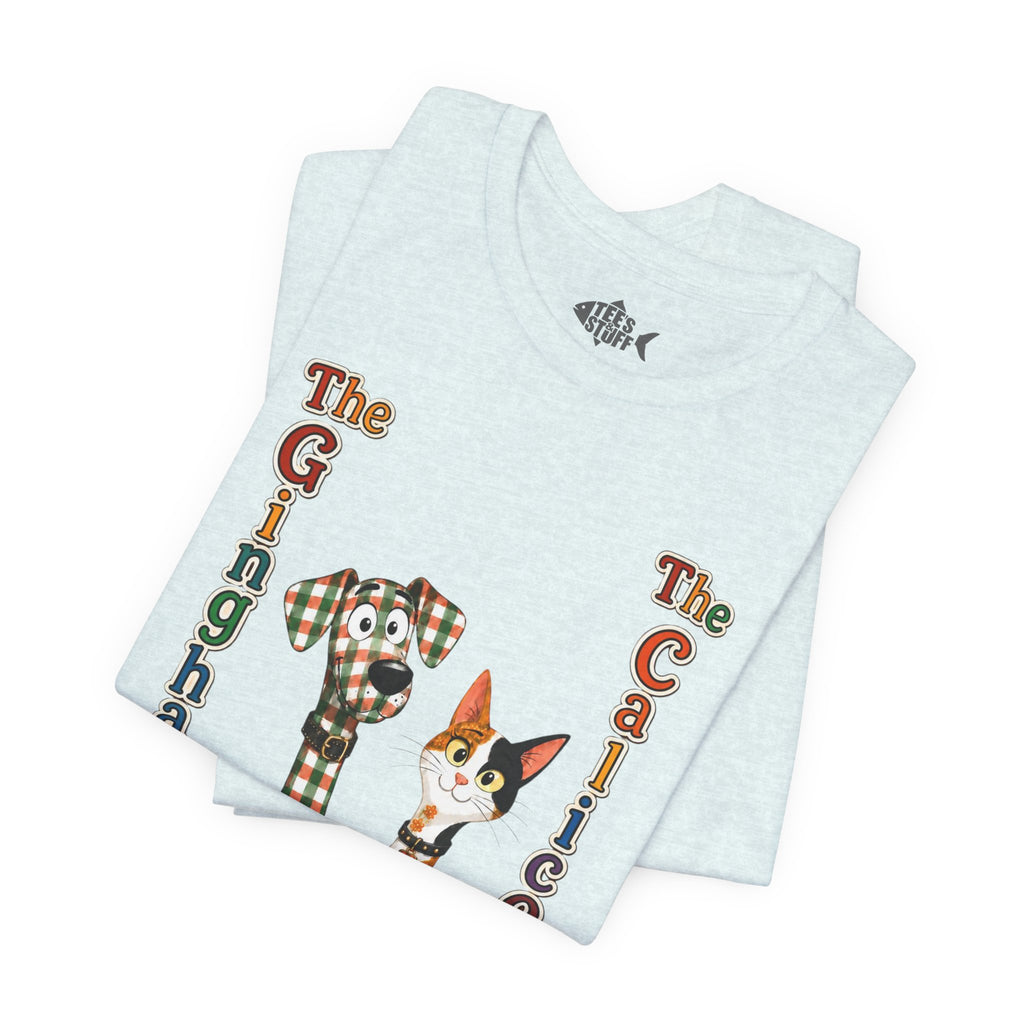 Gingham Dog & Calico Cat Tee — Plaid Pet Illustration T-Shirt