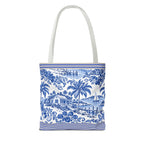 Nassau Blue Coastal Toile Tote Bag — Nautical Bahama / Palm Beach Scene All-Over Print