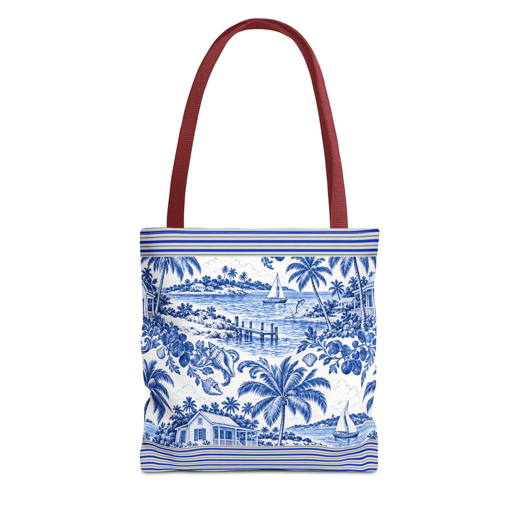 Nassau Blue Coastal Toile Tote Bag — Nautical Bahama / Palm Beach Scene All-Over Print