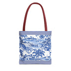 Nassau Blue Coastal Toile Tote Bag — Nautical Bahama / Palm Beach Scene All-Over Print