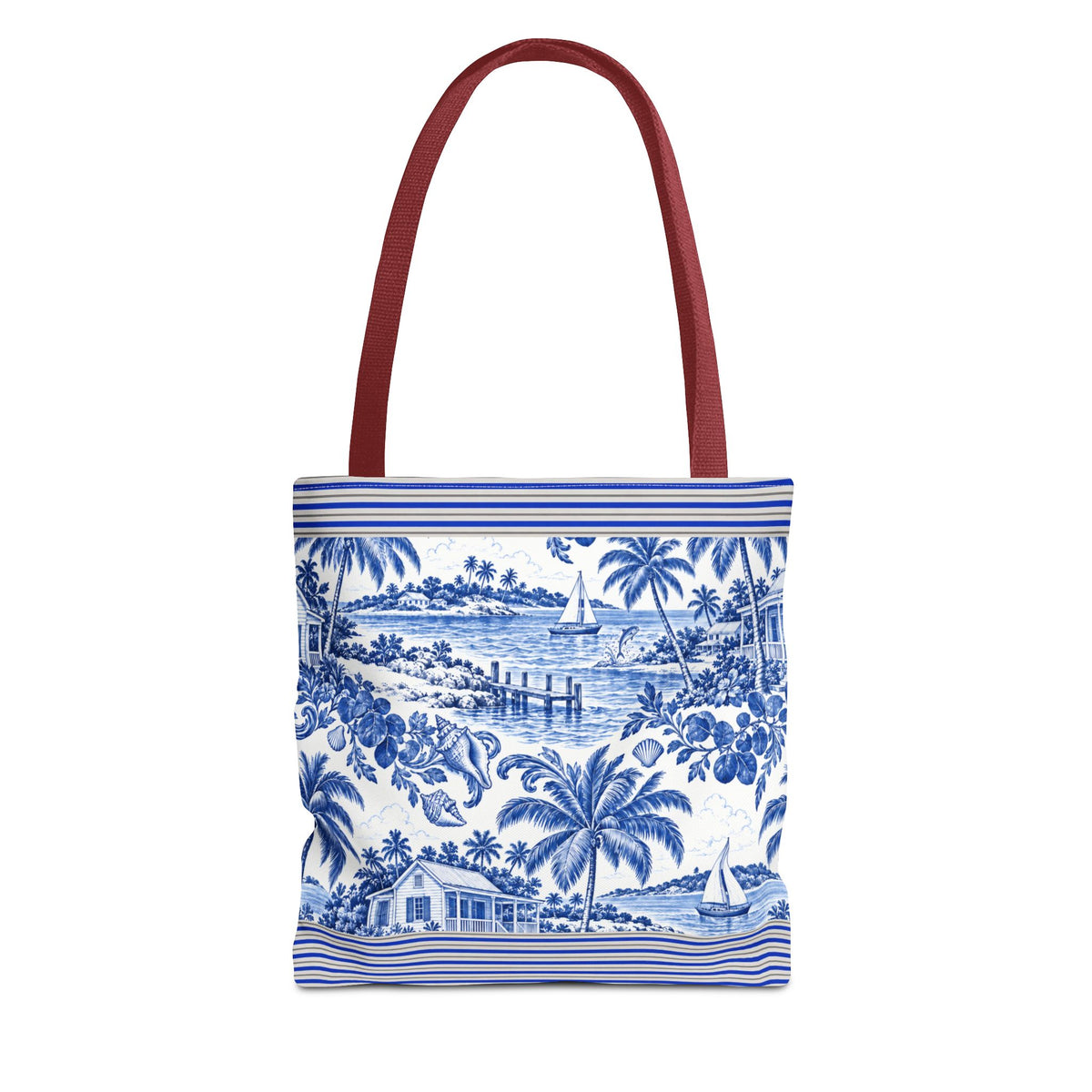 Nassau Blue Coastal Toile Tote Bag — Nautical Bahama / Palm Beach Scene All-Over Print