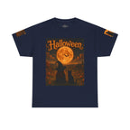 Halloween Graphic Tee — "It's Halloween" Witch & Cat Moon Design