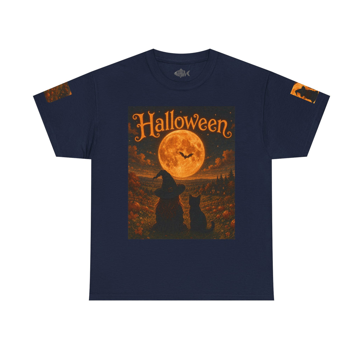 Halloween Graphic Tee — "It's Halloween" Witch & Cat Moon Design