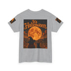 Halloween Graphic Tee — "It's Halloween" Witch & Cat Moon Design