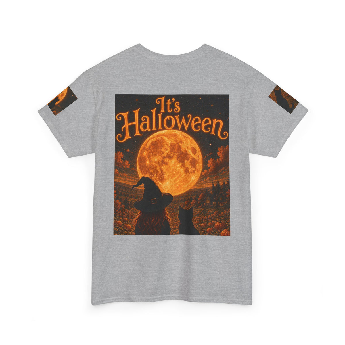 Halloween Graphic Tee — "It's Halloween" Witch & Cat Moon Design