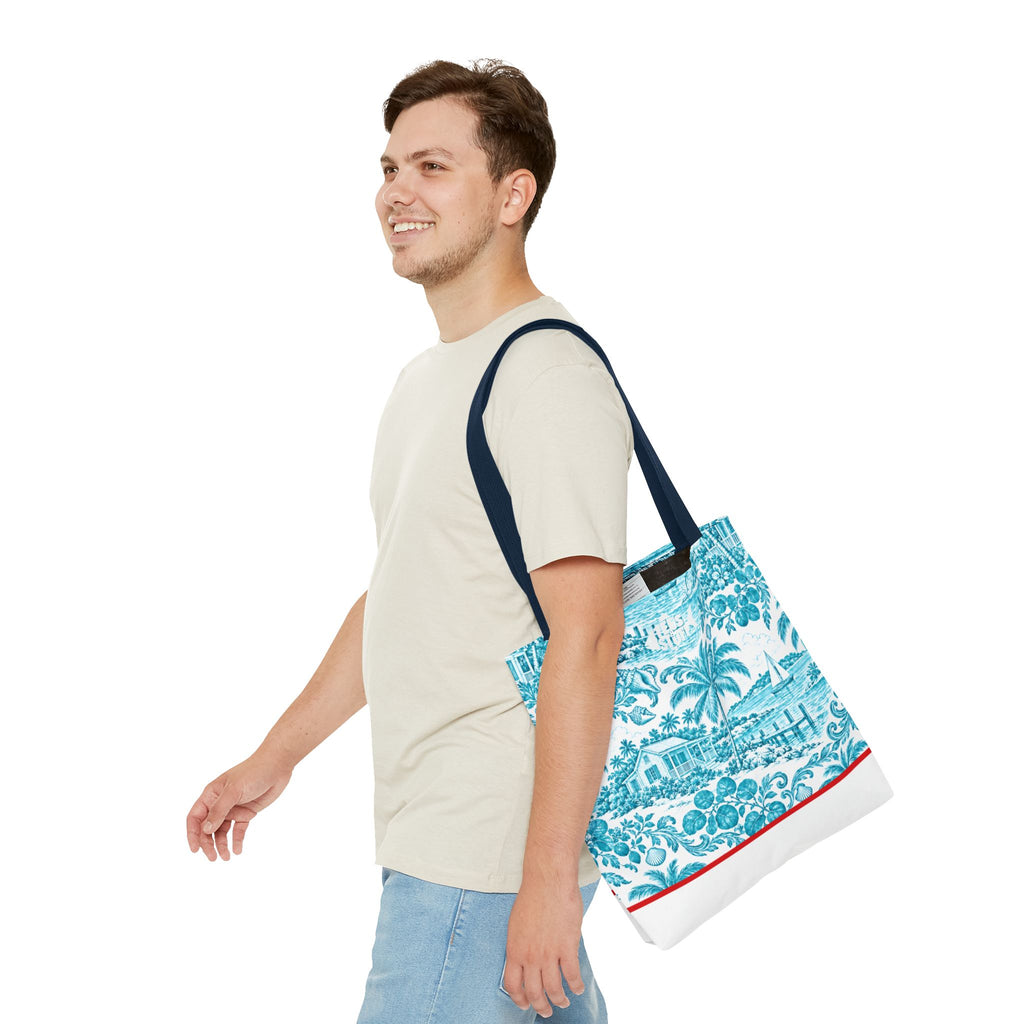 Turquoise coastal Toile Tote Bag- Palm Trees & Island Houses.