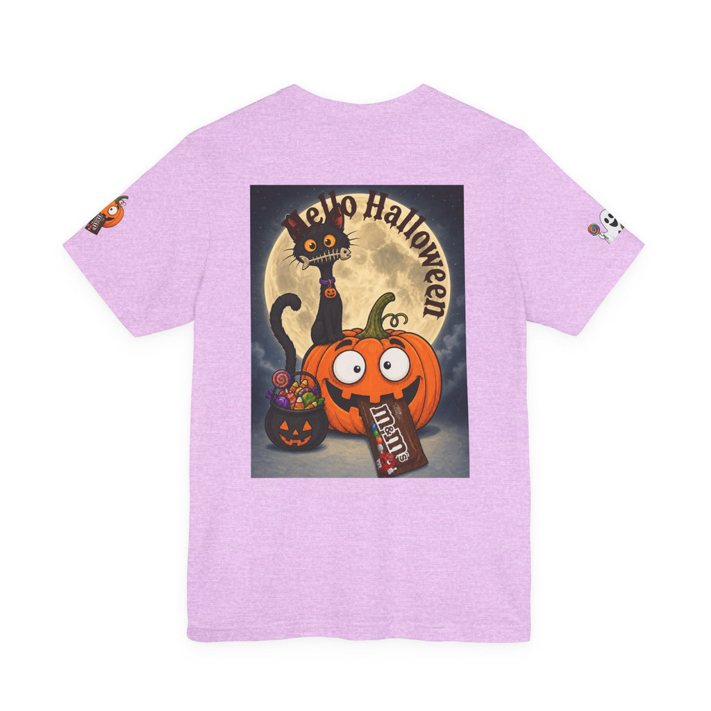 Light purple / Back, Front, sleeve design Halloween T-shirt with a black cat orange pumpkin, full moon trick or treat candy bucket with candy and "Trick or Treat" text.