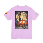 Light purple / Back, Front, sleeve design Halloween T-shirt with a black cat orange pumpkin, full moon trick or treat candy bucket with candy and "Trick or Treat" text.